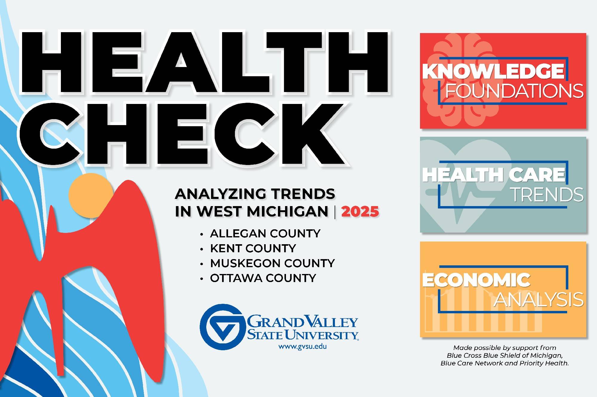 Image of Health Check e-publication cover with La Grand Vitesse and images noting the subsections of the publication namely Knowledge Foundations, Health Care Trends, and Economic Analysis